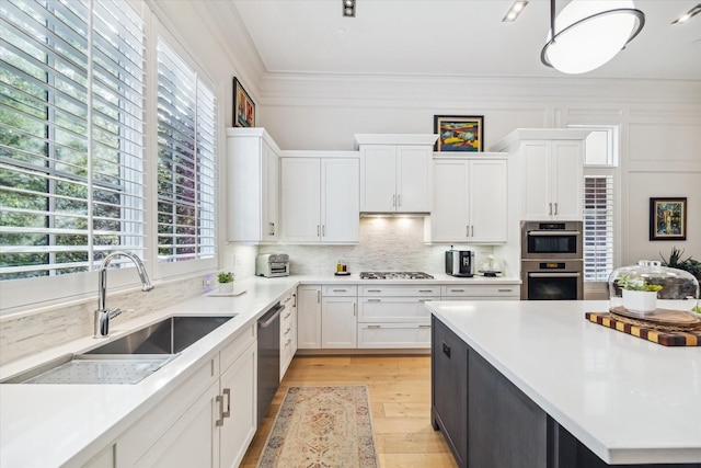 kitchen featuring appliances with stainless steel finishes, a sink, light countertops, light wood-style flooring, and a healthy amount of sunlight