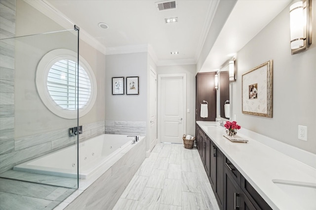 full bath featuring double vanity, visible vents, crown molding, a sink, and a whirlpool tub