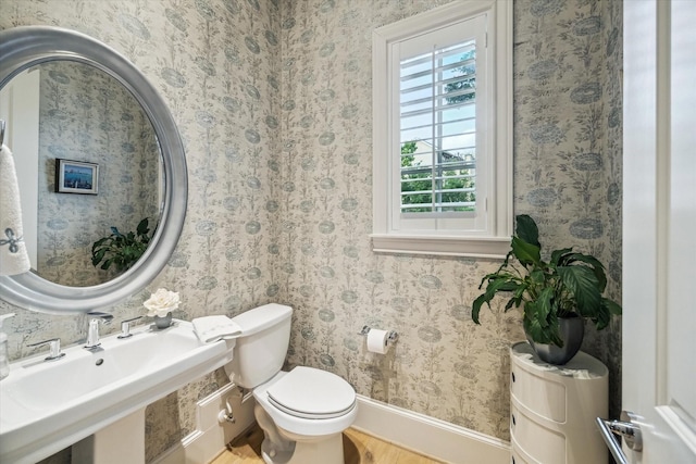 bathroom featuring toilet, baseboards, a sink, and wood finished floors