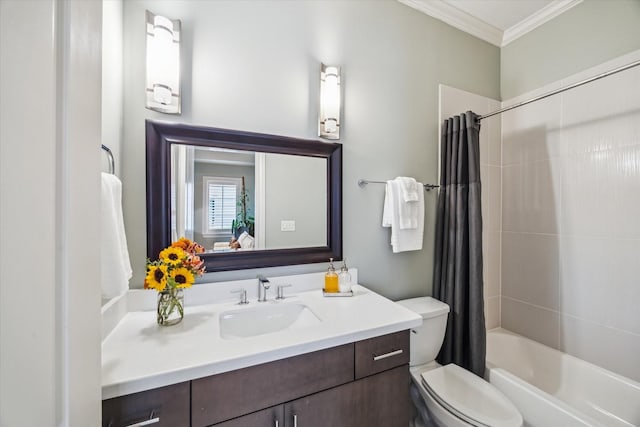 bathroom with vanity, ornamental molding, shower / bathtub combination with curtain, and toilet