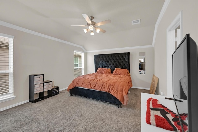 11417 Hackmatack Way, Houston, TX 77066 - carpeted bedroom with crown molding, lofted ceiling, baseboards, and a ceiling fan