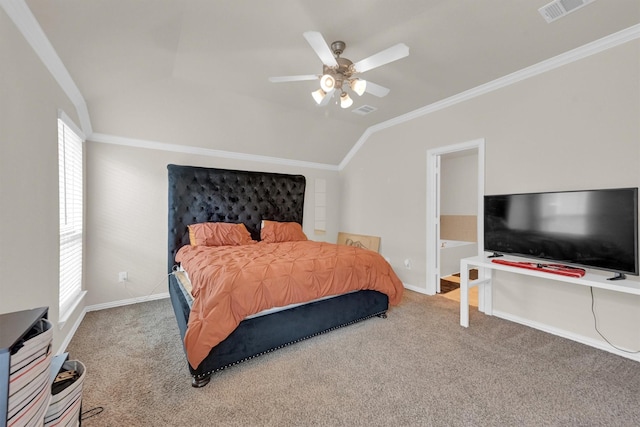 11417 Hackmatack Way, Houston, TX 77066 - carpeted bedroom featuring vaulted ceiling, crown molding, baseboards, and ceiling fan