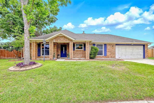 ranch-style home featuring brick siding, fence, a front yard, and a garage