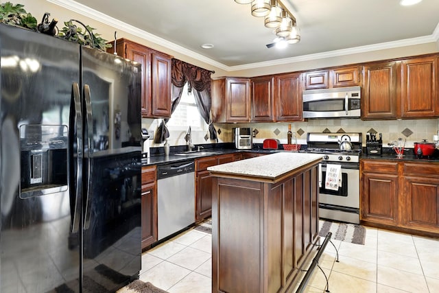 kitchen featuring decorative backsplash, appliances with stainless steel finishes, ornamental molding, and a sink