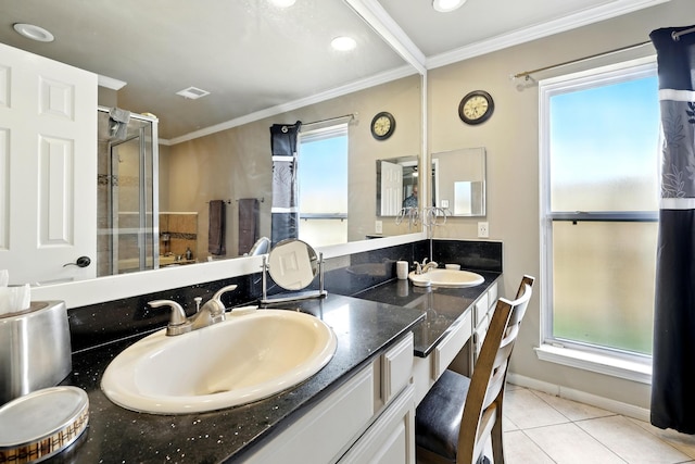 full bathroom with crown molding, plenty of natural light, tile patterned flooring, and a stall shower