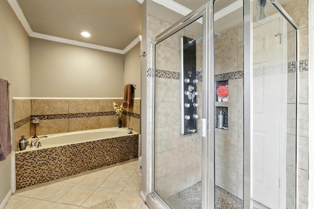bathroom featuring ornamental molding, a bath, tile patterned floors, and a shower stall