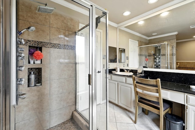 full bathroom with tile patterned flooring, vanity, recessed lighting, ornamental molding, and a stall shower
