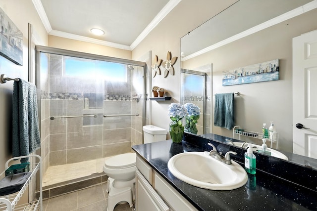 full bath with vanity, crown molding, tile patterned flooring, toilet, and a shower stall