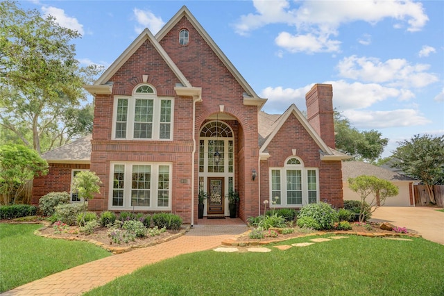traditional-style home featuring brick siding, a chimney, and a front yard