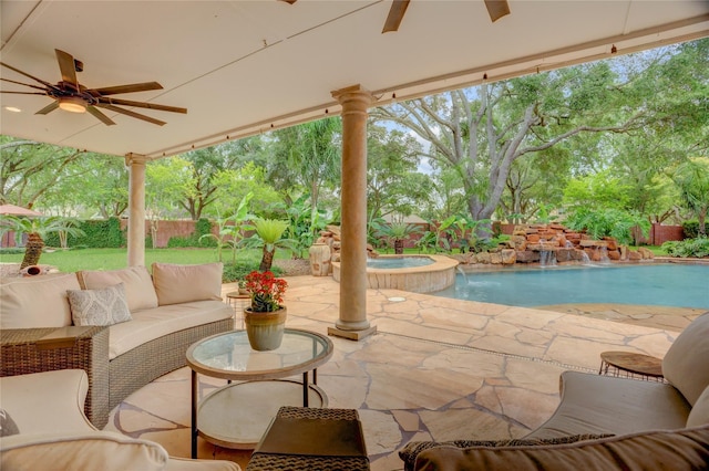 view of patio with a fenced backyard, an outdoor hangout area, ceiling fan, and a pool with connected hot tub