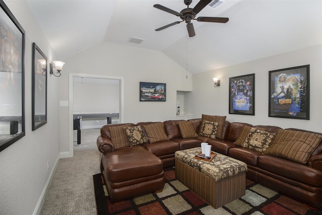 34119 Mill Creek Way, Pinehurst, TX 77362 - living area with a ceiling fan, visible vents, vaulted ceiling, baseboards, and carpet