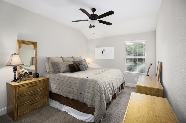 34119 Mill Creek Way, Pinehurst, TX 77362 - bedroom featuring baseboards, ceiling fan, dark carpet, and lofted ceiling