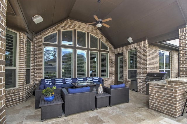 34119 Mill Creek Way, Pinehurst, TX 77362 - view of patio / terrace featuring a ceiling fan, outdoor lounge area, grilling area, and an outdoor kitchen