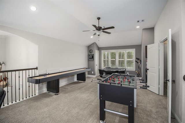 34119 Mill Creek Way, Pinehurst, TX 77362 - recreation room with carpet flooring, a ceiling fan, recessed lighting, vaulted ceiling, and visible vents