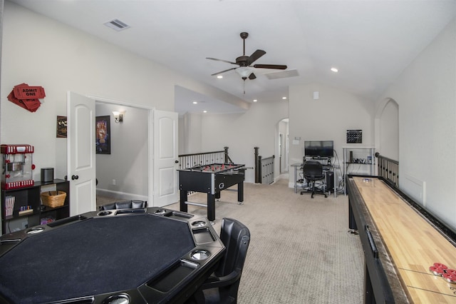 34119 Mill Creek Way, Pinehurst, TX 77362 - playroom featuring arched walkways, ceiling fan, vaulted ceiling, and visible vents