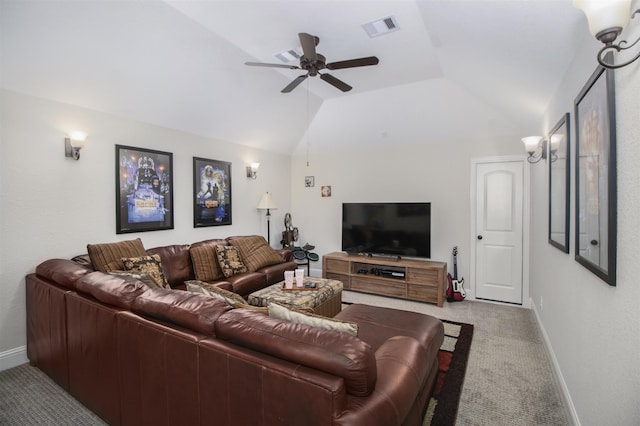 34119 Mill Creek Way, Pinehurst, TX 77362 - carpeted living room featuring baseboards, visible vents, ceiling fan, and lofted ceiling