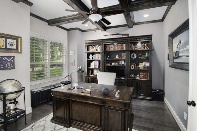 34119 Mill Creek Way, Pinehurst, TX 77362 - home office with ceiling fan, dark wood-style flooring, beam ceiling, baseboards, and coffered ceiling