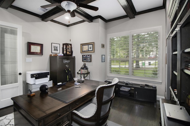 34119 Mill Creek Way, Pinehurst, TX 77362 - office area featuring crown molding, dark wood-style flooring, beamed ceiling, a ceiling fan, and coffered ceiling