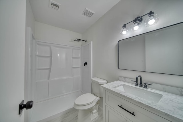 full bathroom with vanity, toilet, visible vents, and a shower