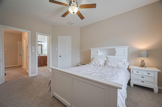 bedroom featuring light colored carpet, a ceiling fan, baseboards, and visible vents