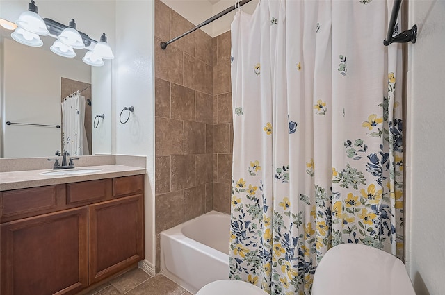 bathroom with vanity, tile patterned floors, and shower / bath combination with curtain