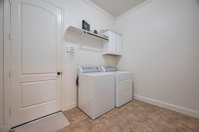90 Wyndehaven Lakes Dr, Katy, TX 77494 - laundry room featuring separate washer and dryer, crown molding, cabinet space, and baseboards