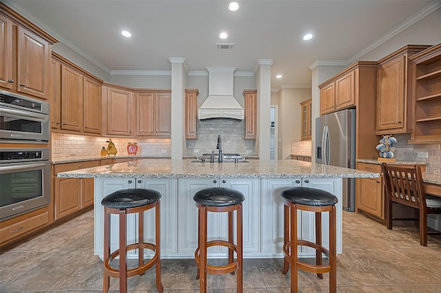 kitchen featuring custom range hood, open shelves, appliances with stainless steel finishes, and crown molding