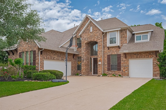 traditional-style house featuring brick siding, a front yard, driveway, and roof with shingles
