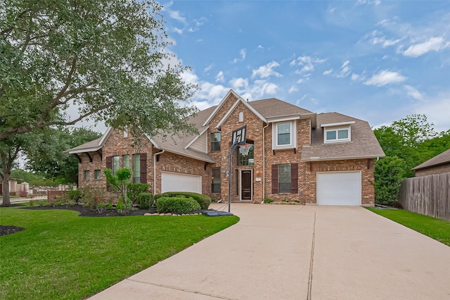 traditional-style home with a front yard, a garage, fence, concrete driveway, and a shingled roof