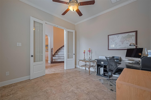 office space with crown molding, arched walkways, baseboards, and ceiling fan
