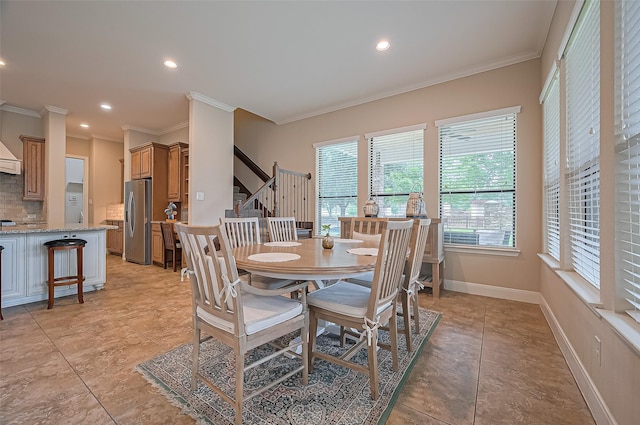 dining area featuring stairway, baseboards, light tile patterned floors, ornamental molding, and recessed lighting