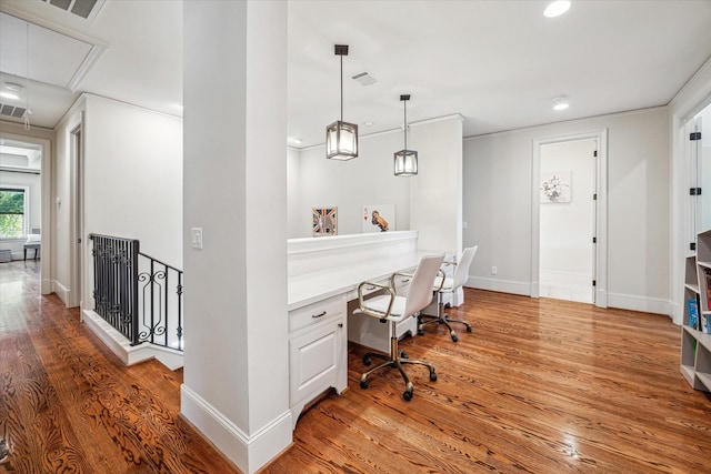 home office featuring light wood-style flooring, attic access, recessed lighting, baseboards, and visible vents