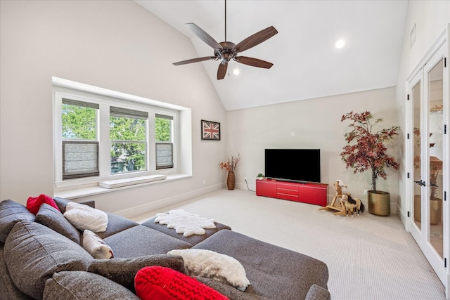 living room with recessed lighting, a ceiling fan, carpet, and high vaulted ceiling