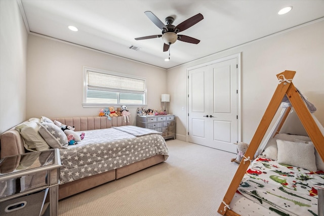 bedroom featuring ornamental molding, light carpet, recessed lighting, and visible vents