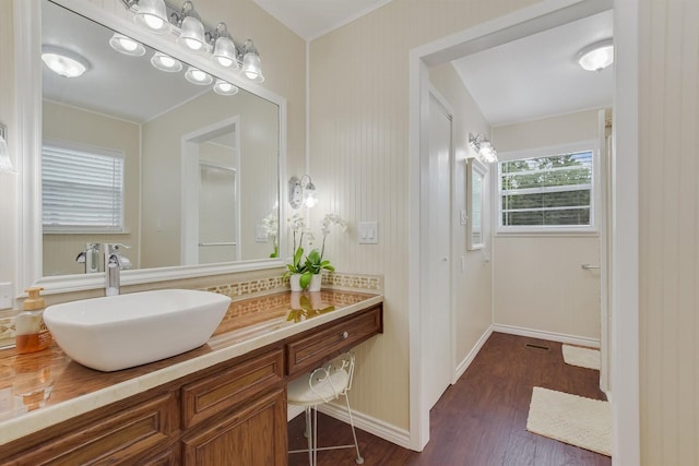 bathroom with baseboards, wood finished floors, and vanity