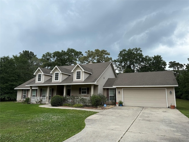 8813 Lauren Ln, Waller, TX 77484 - cape cod-style house featuring covered porch, roof with shingles, a front lawn, concrete driveway, and an attached garage