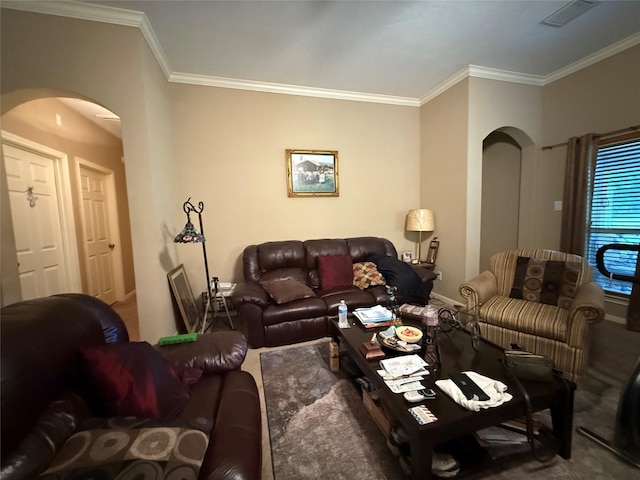 8813 Lauren Ln, Waller, TX 77484 - living room with visible vents, arched walkways, baseboards, and ornamental molding