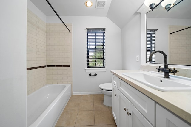 bathroom with visible vents, tile patterned flooring, vanity, toilet, and  shower combination