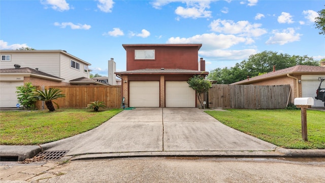 view of front of home with a garage, fence, concrete driveway, and a front lawn