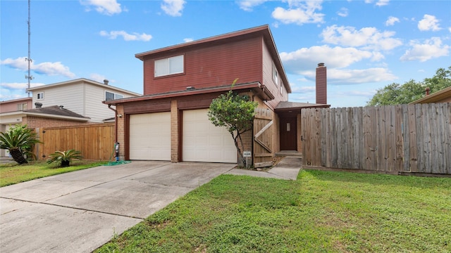 view of front of house with fence, a front lawn, brick siding, a garage, and concrete driveway