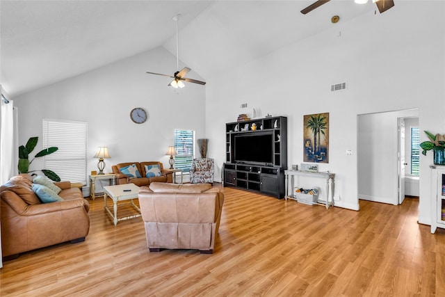living area featuring high vaulted ceiling, a ceiling fan, light wood finished floors, and visible vents