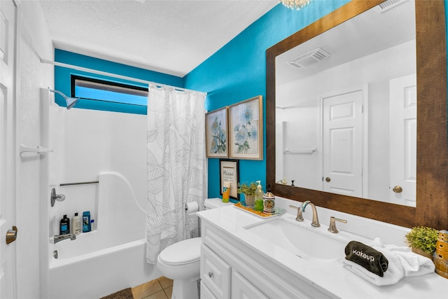 bathroom with visible vents, tile patterned flooring, vanity, toilet, and shower / tub combo