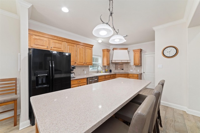 6820 Cemetary Rd, Manvel, TX 77578 - kitchen featuring light countertops, black fridge with ice dispenser, baseboards, dishwasher, and ornamental molding