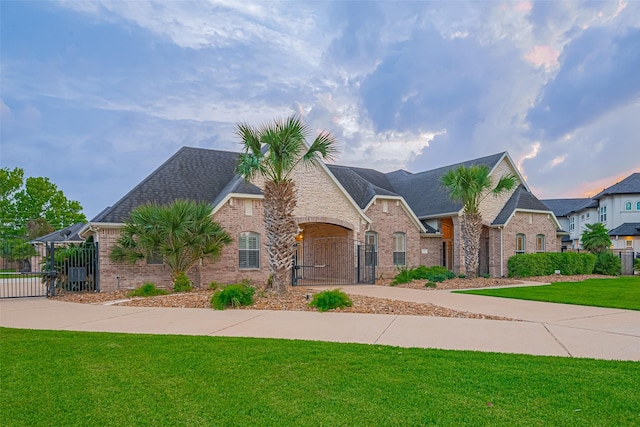 french country inspired facade with brick siding, a gate, fence, and a front yard