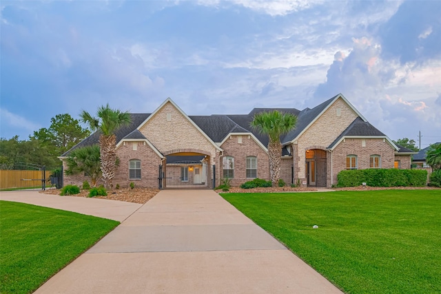 view of front of house with brick siding, a gate, and a front yard