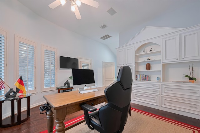 home office featuring visible vents, ceiling fan, lofted ceiling, and dark wood-style floors