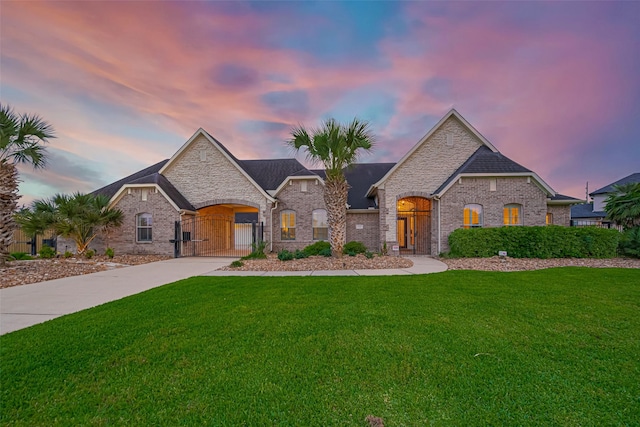 french country inspired facade with a yard and brick siding