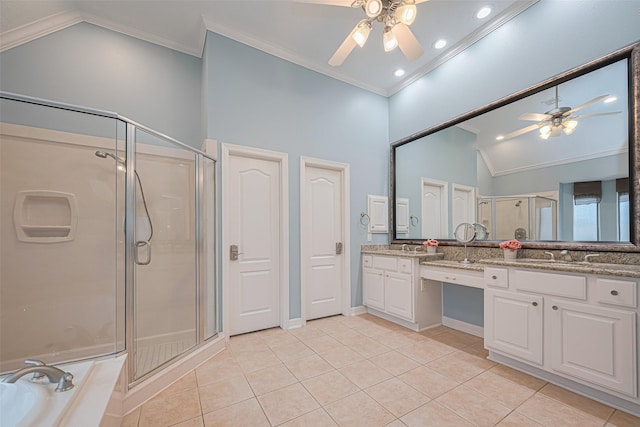 full bath featuring crown molding, tile patterned flooring, a ceiling fan, a shower stall, and vaulted ceiling
