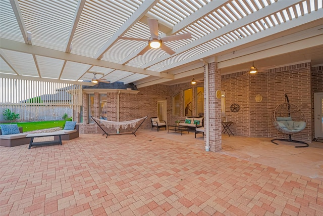 view of patio with ceiling fan, fence, a pergola, and an outdoor hangout area