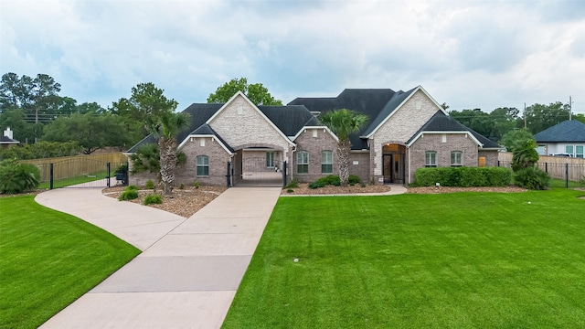 craftsman inspired home featuring brick siding, fence, and a front yard